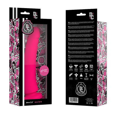 vibrador rosa escuro em embalagem gráfica colorida