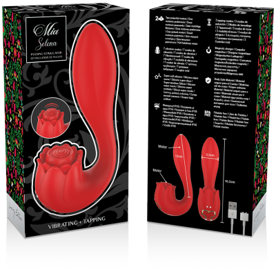 Vibrador vermelho de silicone com base em forma de flor em embalagem preta decorada com flores