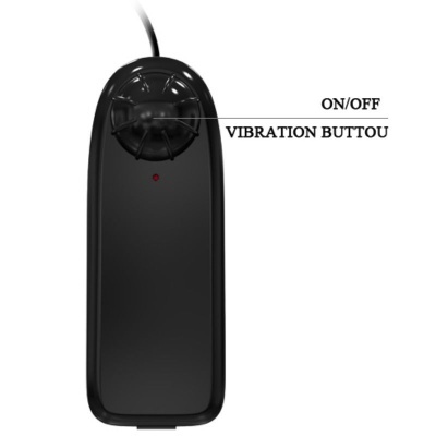 Comando remoto preto com botão rotativo e texto ON/OFF e VIBRATION BUTTOU