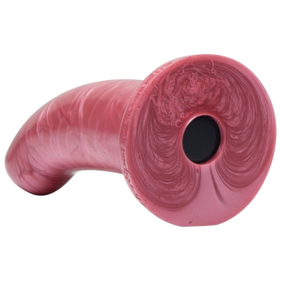Dildo vibrador rosa em silicone com base larga e textura interior ondulada