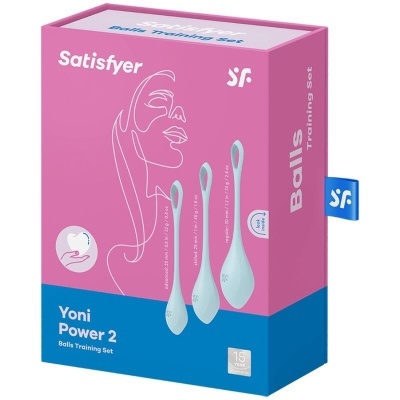 Conjunto de treino Yoni Power 2 da Satisfyer em embalagem rosa e azul com três bolas azuis claras.