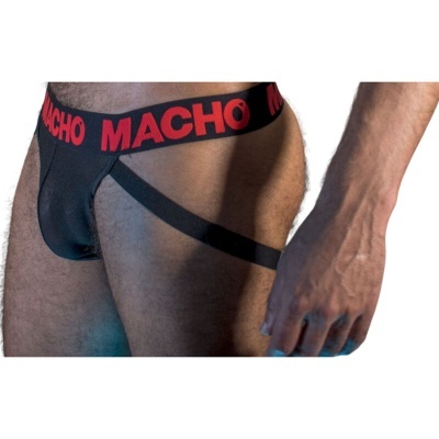 Cueca masculina jockstrap preta com elástico vermelho escrito MACHO
