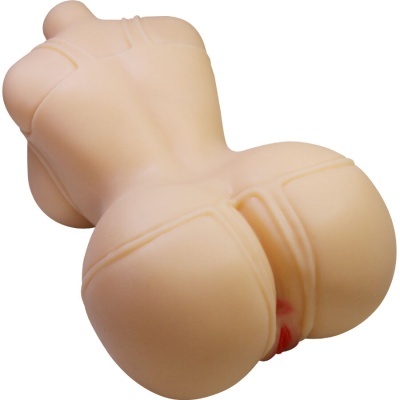 Torso feminino de material cor de pele com roupa interior simulada e abertura genital