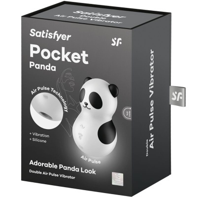 Caixa preta do vibrador Satisfyer Pocket Panda com design de panda e texto informativo.