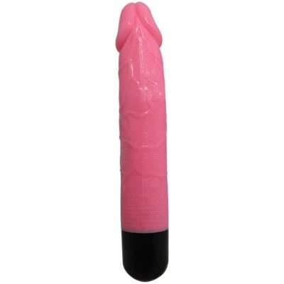 Vibrador cor-de-rosa com base preta sobre fundo branco