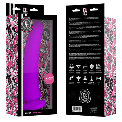 Embalagem de dildo vibrador roxo em silicone com design curvo e base alargada.