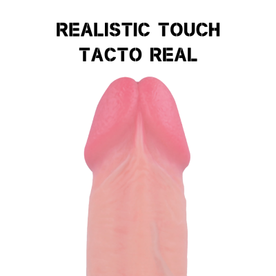 Produto rosa claro com textura semelhante a pele e texto 'REALISTIC TOUCH TACTO REAL'