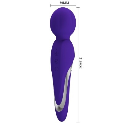 Massageador elétrico roxo com detalhes prateados e botões de controle, em fundo branco.