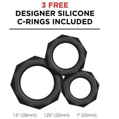 Três anéis de silicone pretos com design facetado de diferentes tamanhos