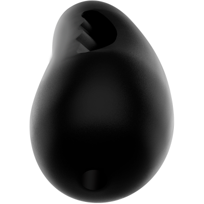 Objeto preto arredondado com cavidade e relevos, em fundo branco