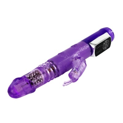 Vibrador roxo translúcido com estimulador em forma de coelho e painel de controlo