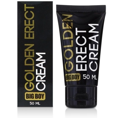 Embalagem e frasco preto com texto dourado e branco de creme Golden Erect Big Boy 50 ml.