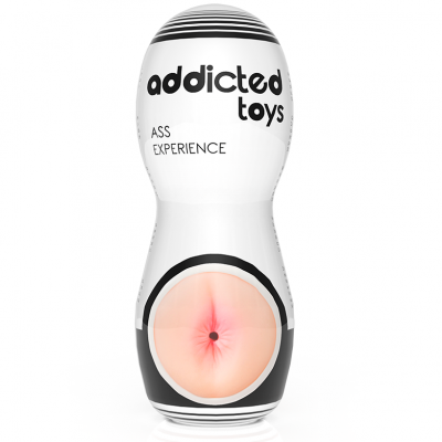 Frasco branco com texto preto 'addicted toys ASS EXPERIENCE' e imagem circular cor-de-rosa na parte inferior
