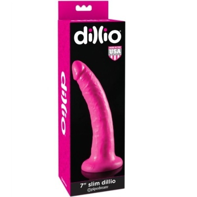 Embalagem preta e rosa contendo dildo cor rosa, 7 polegadas, marca Dillio