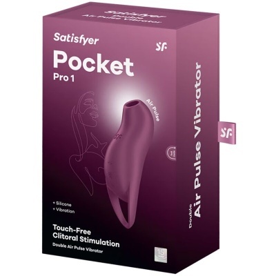 Caixa do vibrador Satisfyer Pocket Pro 1 roxa com texto e imagem do produto