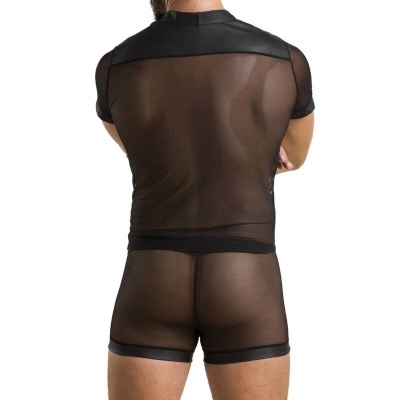 Roupa interior masculina preta transparente com t-shirt de manga curta e shorts