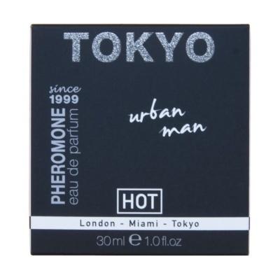 Embalagem preta de perfume masculino TOKYO com texto prateado e branco
