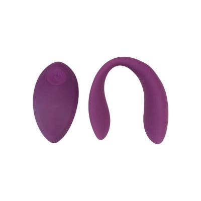 Produto em silicone roxo com formato curvado e controlo oval com botão
