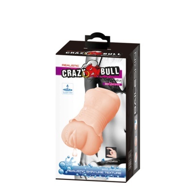 Embalagem do produto sexual CRAZY BULL tom pele com texto e fundo branco e preto