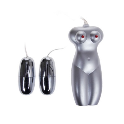 Comando prateado em forma de corpo humano com dois controlos cilíndricos