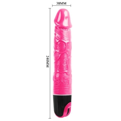 Vibrador rosa com textura detalhada e base preta, medidas indicadas.