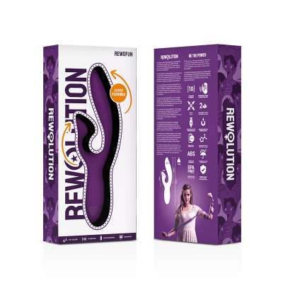 Embalagem do vibrador RewoLution roxo super flexível com detalhes e texto em português.