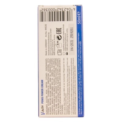 Embalagem de cream Activ PENIS POWER CREAM 50ml com código de barras e lista de ingredientes