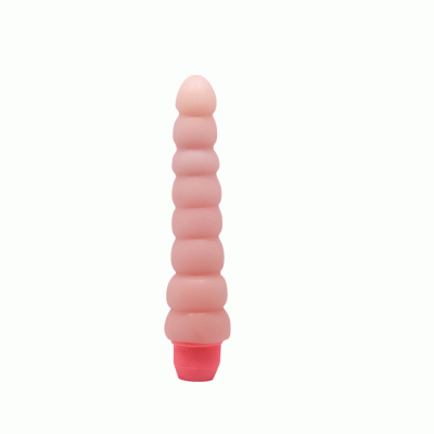 Vibrador rosa com textura ondulada e base vermelha