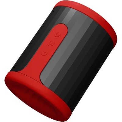 Coluna portátil cylindrical preta e vermelha com botões embutidos