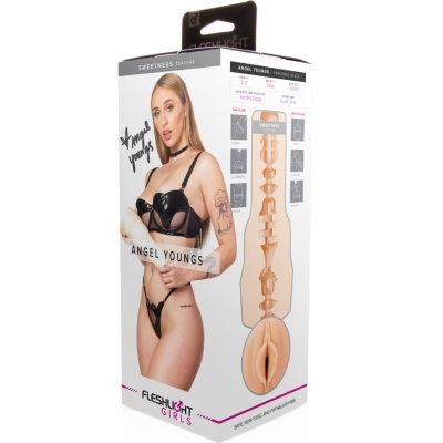 Embalagem do produto Fleshlight Girls com imagem de mulher em lingerie preta e representação interna do produto