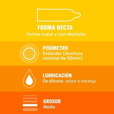 Informações sobre preservativos: forma recta, perímetro 53 mm, lubrificação sabor laranja, grosso médio