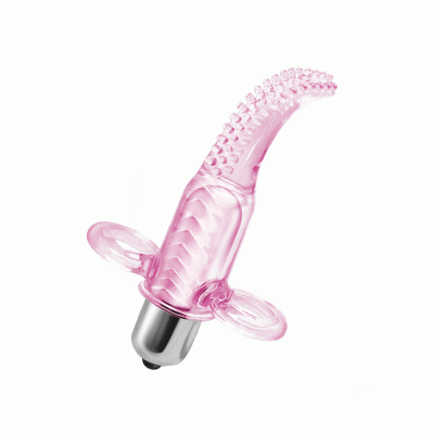 Vibrador cor-de-rosa transparente com textura em relevo e base metálica
