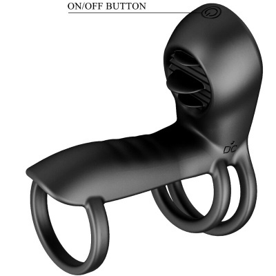 Dispositivo preto com argolas e botão ON/OFF BUTTON