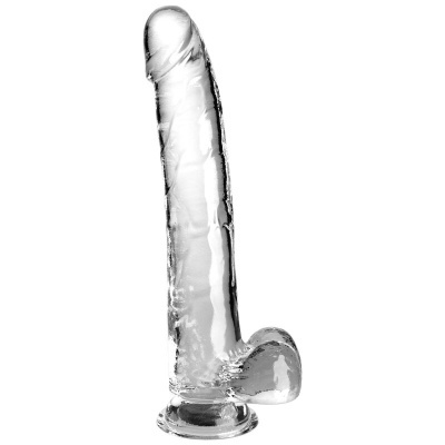 Dildo transparente em gel silicone com base de sucção e textura detalhada.