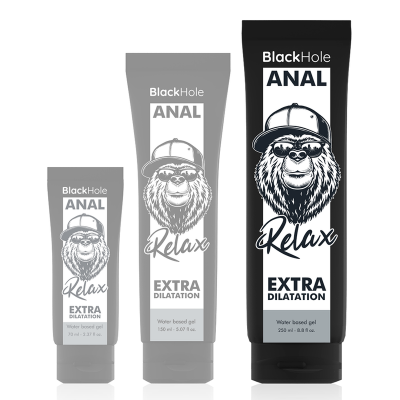 Três tubos de gel BlackHole ANAL Relax Extra Dilatation com imagem de gorila e texto em preto, branco e cinza.