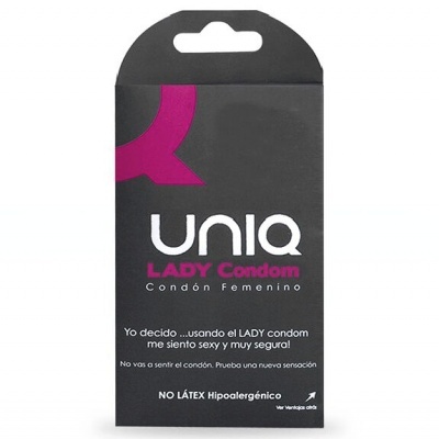 Embalagem preta de preservativo feminino UNIQ LADY Condom com texto em rosa e branco