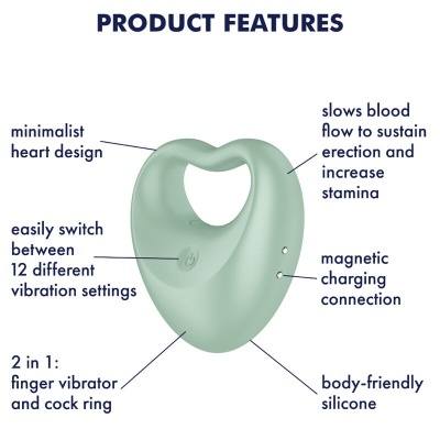Anel vibrador verde claro em forma de coração com botão e conexão magnética