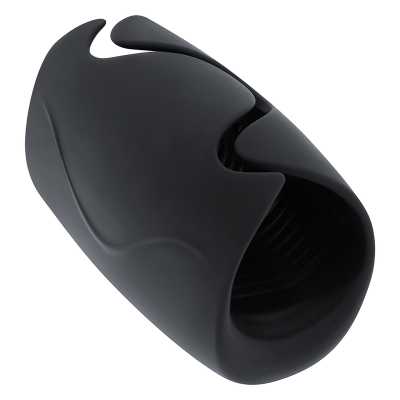 Acessório cilíndrico preto com textura estriada interior e aberturas superiores