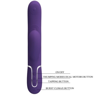 Vibrador roxo com botões e texto explicativo