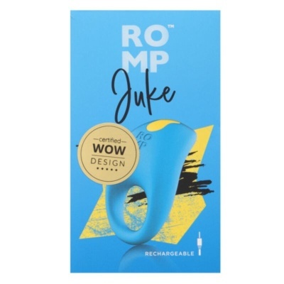 Embalagem azul do produto ROMP Juke com selo de design e imagem do produto azul e amarelo
