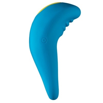 Dispositivo azul curvo com botões e detalhe amarelo