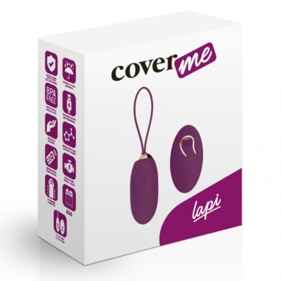 Embalagem branca com dispositivo oval roxo e controle remoto roxo, produto 'cover me lap'