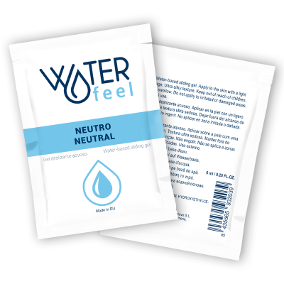 Sachete individual de gel deslizante neutro para uso pessoal, embalagem branca e azul, texto informativo