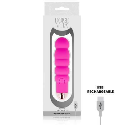 Vibrador rosa em silicone com embalagem branca e USB recarregável