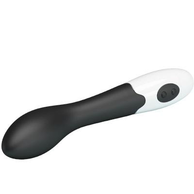 Vibrador preto e branco com dois botões no cabo