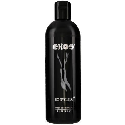 Frasco preto de lubrificante EROS Bodyglide com desenho prateado de pernas