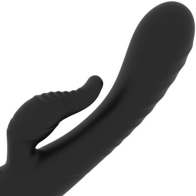 Vibrador preto com textura ondulada e estrutura dupla em silicone