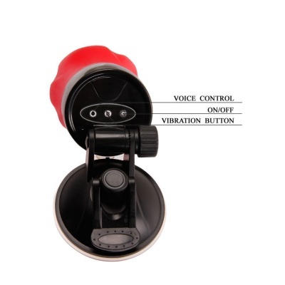 Dispositivo preto e vermelho com ventosa e botões de controlo de voz e vibração