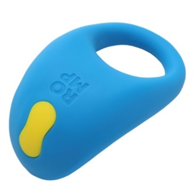Produto azul em silicone com detalhe amarelo e texto ROMP
