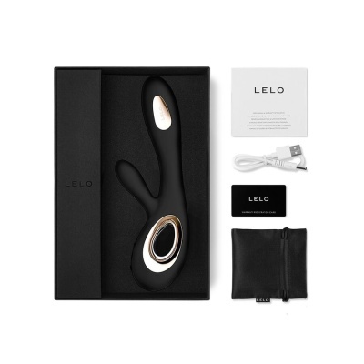 Produto sexual LELO preto com acessórios e caixa
